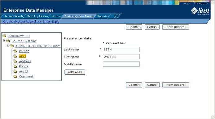 Adding a Patient Profile on the Patient EDM FIGURE 37 Create System Record - Alias Information 1 2 3 4 5 6 7 To Specify Alias Information Complete Step 3: Specify Demographic Information on page 79.