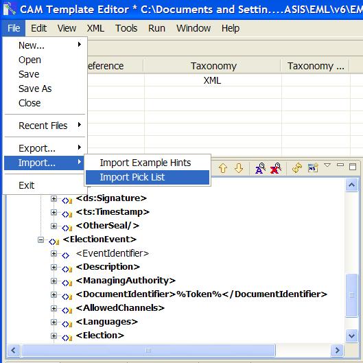 Importing pick list operation File Menu Option Select Import and specify filename of your existing pick list xml.