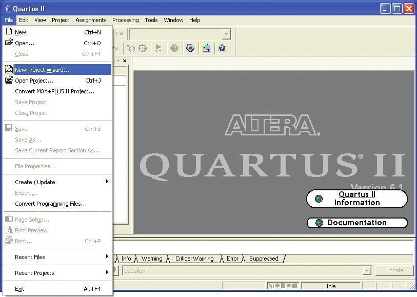 1 Three-Step Design Compilation in Quartus II Software Run the New Project Wizard (File Menu) a.