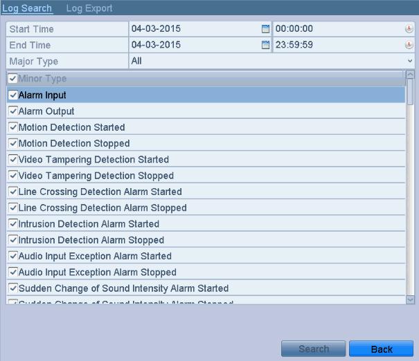 12.2 Searching & Export Log Files Purpose: The operation, alarm, exception and information of the NVR can be stored in log files, which can be viewed and exported at any time. 1.