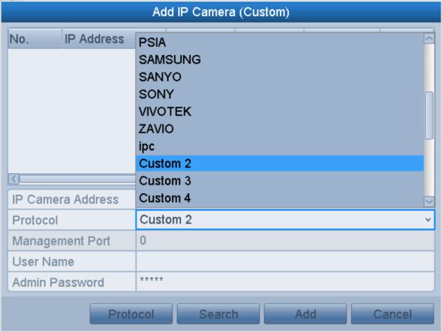 Figure 2. 22 Protocol Setting 3. Choose the protocols you just added to validate the connection of the network camera. 2.3.3 Editing IP Cameras Connected to the PoE or the Built-in Switch Interfaces This section is applicable to some models only.