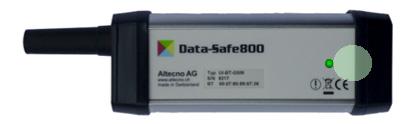 3.5 Activate logger The Data-Safe800 logger is equipped with an internal switch, which can be activated with a magnet. The magnetic switch is located near the green status LED of the logger.