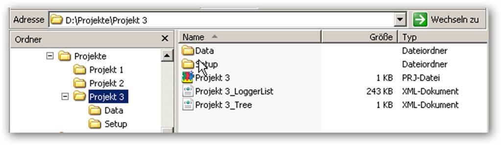 A project has the following directories and files: Project directory Logger settings Data Project files Please do not make any changes to the directory structures or the project files! 4.2.