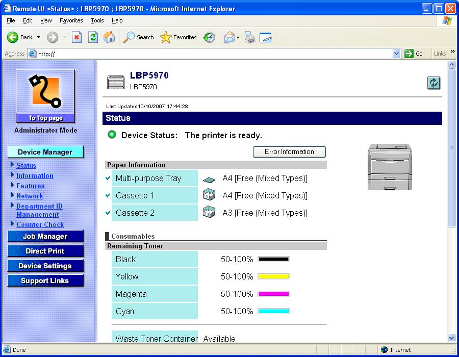 Display Procedure 1 Select any one of [Status], [Information], [Features], [Network], [Department ID Management], or [Counter