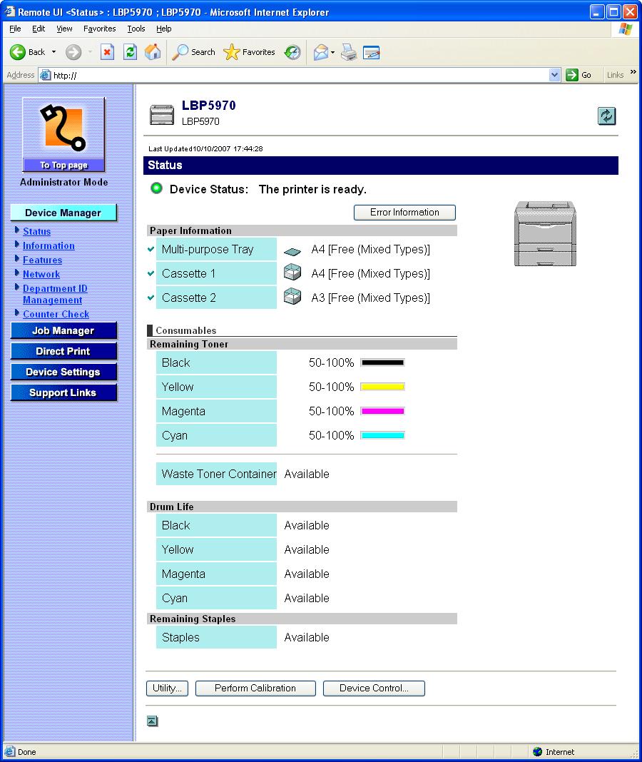 Displaying the Current Status ([Status] Page) Displays the current printer status such as the amount of paper or toner remaining.
