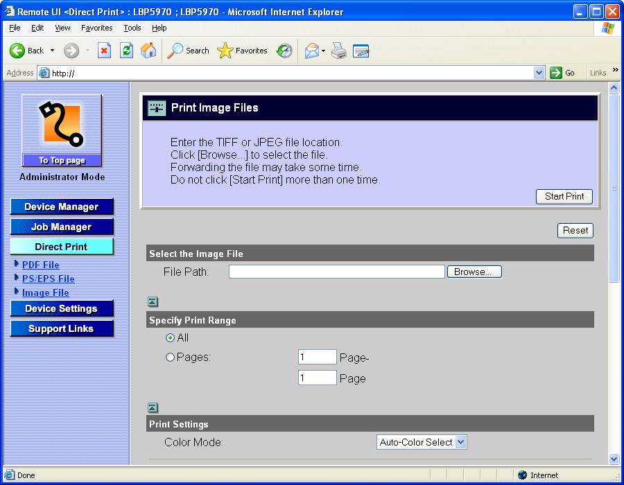 Clicking [PDF File], [PS/EPS File], or [Image File] from the [Direct Print] menu respectively displays the [Print PDF Files], [Print PS/EPS Files], or [Print Image Files] page which performs direct