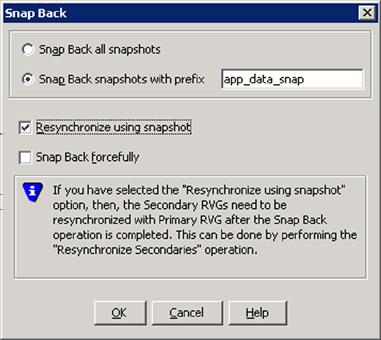 198 Administering VVR Administering replication To reattach the snapshots back to the original volumes 1 Select Snapback from the Primary RVG right-click menu. The Snapback dialog box is displayed.