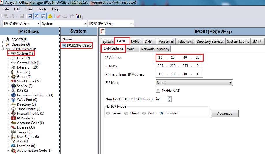 5.2. Display LAN Configuration Once logged in navigate to System in the left window and this will display the IP Office system properties in the main window.