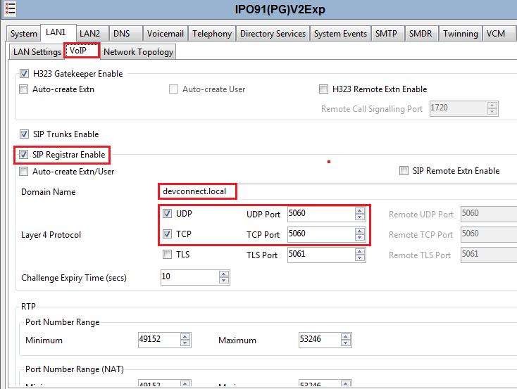 Selecting the VoIP tab displays the Domain Name and the UDP and TCP Port