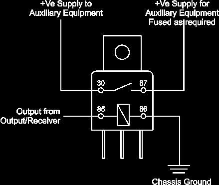 Auxiliary Relays Figure 4: Output/Receiver Relay Connections Figure 4a: Auxiliary Equipment Relay Connections Note: A diode must be fitted across the coil to prevent back emf.
