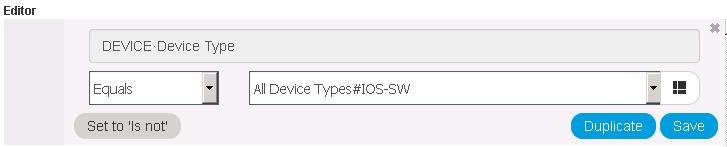 Choose the Device Type attribute from the list above and use All Device Types#IOS-SW as value as shown below. This was the Network Device Group we added for CSRv initially.