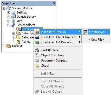 E3 or Elipse Power Top Previous Next On Organizer, right-click the Server Objects - Drivers and OPC item, select the Insert I/O Driver in option, and then select a project.