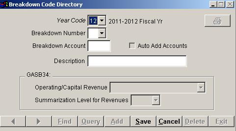 A new record with blank fields displays as shown in the example below. 1. The current fiscal year automatically displays in the Year Code field, change if needed. 2.
