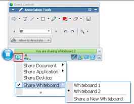 Chapter 10: The Event Window If you are sharing a whiteboard If you have already opened started several whiteboards, you can switch sharing from one whiteboard to another, or you can start another