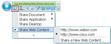 If you are sharing Web content If you have already set up one or more Web sites for content viewing, you can switch sharing from one to another, or you can specify a URL to share the content of