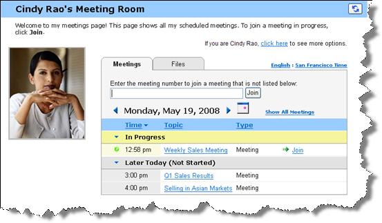 Chapter 26: Using My WebEx My WebEx Profile page To view your Personal Meeting Room page: 1 Log in to your WebEx service Web site, and then click My WebEx. The My WebEx Meetings page appears.