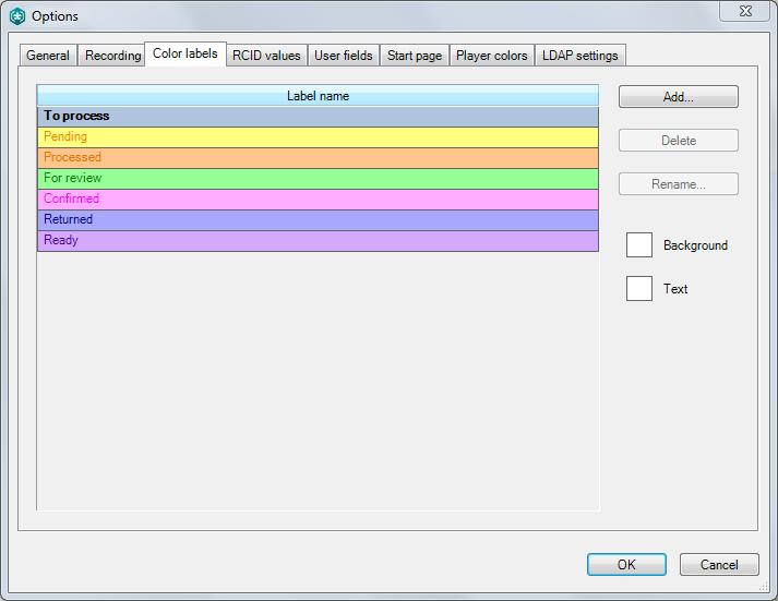 Application Settings 5.4 Color Labels To view or edit recording statuses and their respective color codes, select Tools > Options menu and go to Color labels tab (Fig. 136).