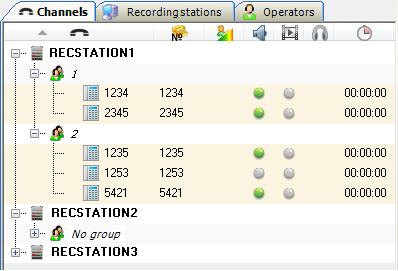 Figure 13: Channel list sorted by both recording station and agent group To move active channels to the top of the list, select View > Show active channels first menu option.