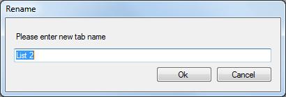 Figure 32: New tab button and its right-click menu Enter a new name using the dialog (Fig. 33) and click OK. To delete a list (close a tab), use the cannot be restored.