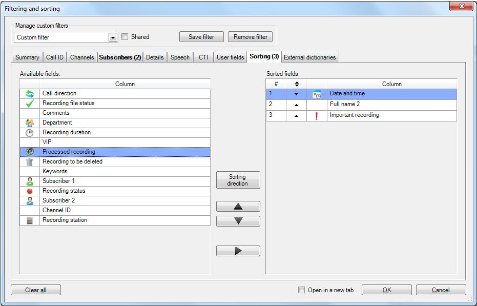 Figure 48: Sorting/filtering result configuration The fields available for sorting are displayed in the left-hand list. The list on the right displays the fields the sorting will be applied to.