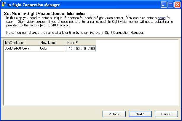 6 Vision Sensor Settings (6) Input the vision sensor [New Name] (host name) and [New IP], then click the [Next] button.