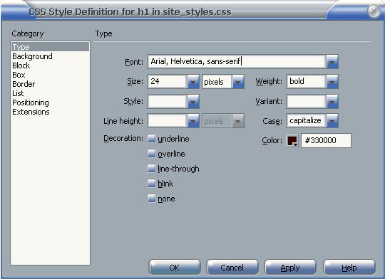 11) Next, you will see the styles dialog. This allows us to create the style declaration for the H1 tags. Make sure Type is selected from the Categories on the left and set the options as shown below.
