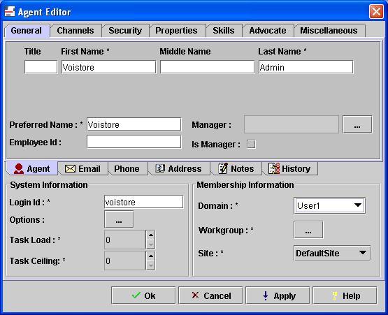 2. The Agent Editor screen is displayed. Select the General tab. Enter the following values for the specified fields, and retain the default values for the remaining fields.
