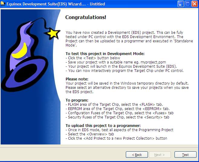 3.8 Launching EDS at the end of the EDS Wizard Once you reach the end of the EDS Wizard, click the <Test> button to launch the project in the Equinox Development Suite (EDS).