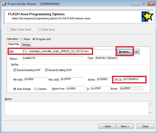 4.7 FLASH Area - programming options The 'FLASH Area Programming options' tab allows you to specify the 'FLASH firmware' file which is to be programmed into the 'FLASH Area' of the target device.