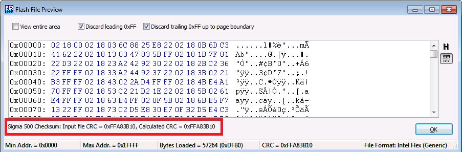 This file can be a binary, Intel Hex or Motorola S-Record format file --> The 'FLASH File Preview' window is now displayed.