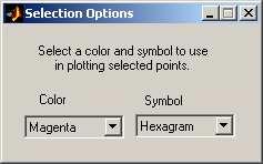 APPENDIX B. SCREENSHOTS 16 Figure B.5: The Select dialog. Permits the user to choose the symbol and color for manually changing selected points.