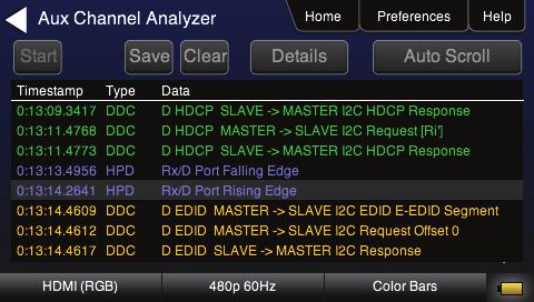 Select Frame Capture HDMI Auxiliary channel analyzer Test (emulation option) Emulation Monitoring Monitor HDCP and EDID transactions and hot
