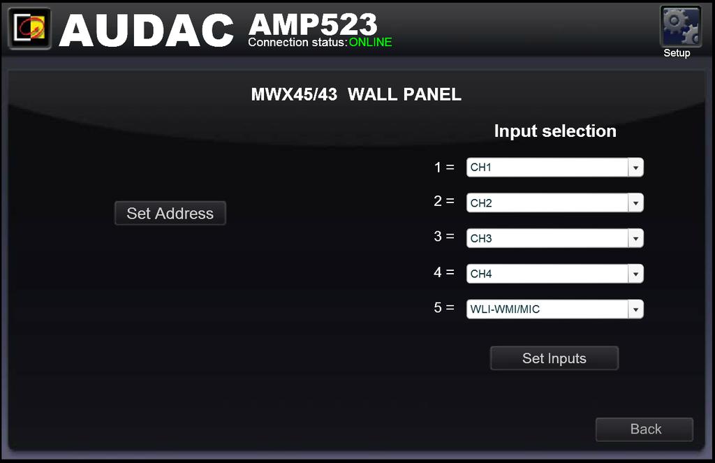 Configuration >> Wall panel settings This window allows you to adjust the address and input selection settings for the (optionally) connected MWX45 wall panels.