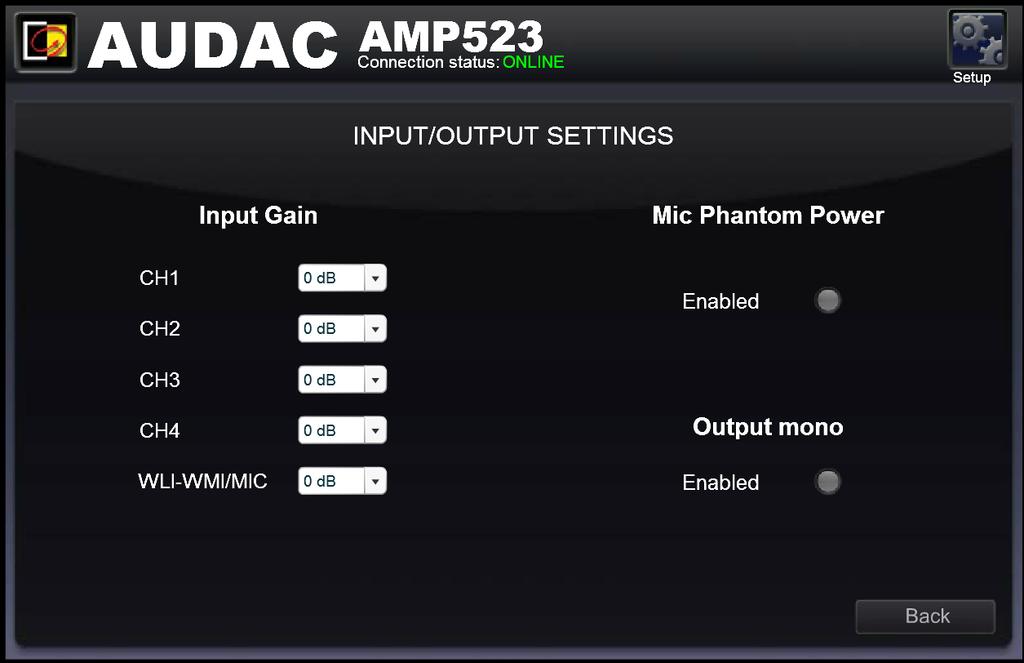 Input selection The configured wall panel can be used for controlling the input routing on the AMP523MK2. In default configuration, all channels are selected.