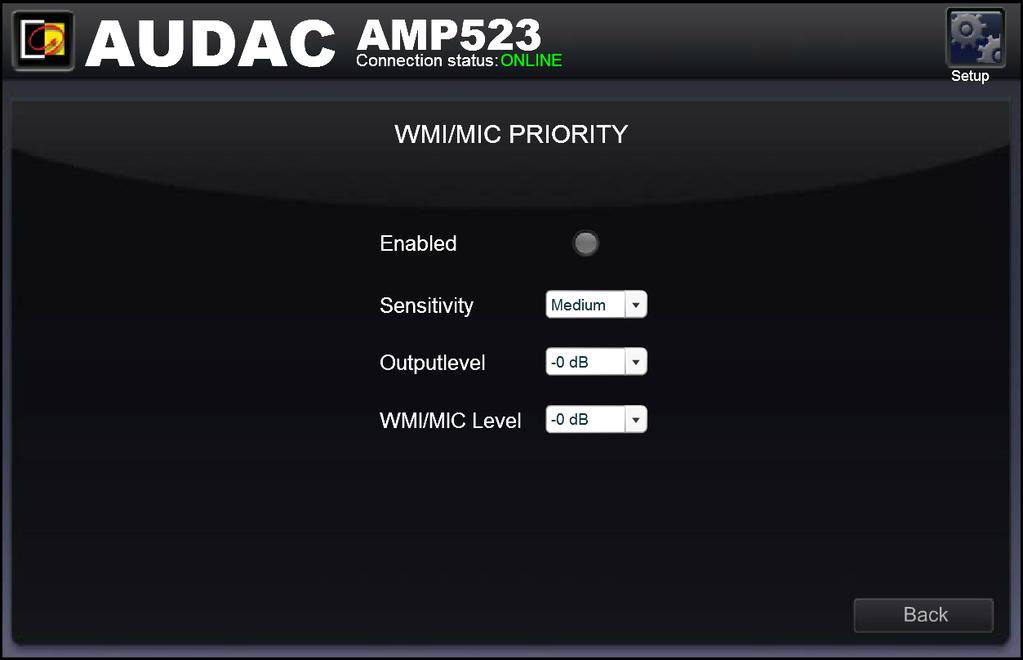 Priority settings screen for AMP523MK2 Enabled The priority can be enabled by clicking the Enabled button on top. This button will turn green when priority is enabled.