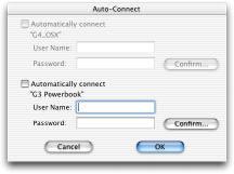 Auto-Connect settings Automatically connect G3 Powerbook Check this box to automatically mount a file server disk.