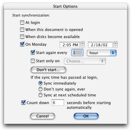 Start Options Choose Start Options to set a sync to run automatically. Start synchronization at login Start Options settings Check this box to start synchronization immediately when you log in.
