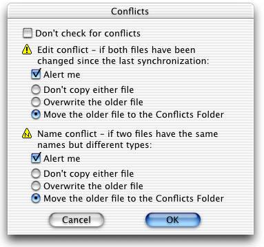 Conflicts settings Don't check for conflicts Check this box to turn off conflict checking. When this box is checked, less disk space and less memory is required.