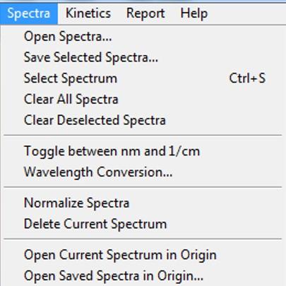 Spectra Menu Functions Figure 21 - Spectra menu functions. Spectra functions are available through drop down menu and pop-up context menu context menu on the spectrum panel.