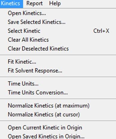 Kinetics Menu Functions Figure 23 - Kinetics functions in pull-down and context menus. Kinetics functions can be accessed via drop-down menu and pop-up context menu of the kinetic panel.