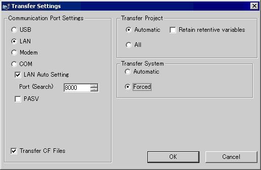 To force the transfer with GP-Pro EX, click [Transfer Project] and select [Transfer Settings] in the [Transfer Tool] dialog box.
