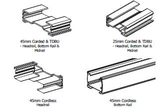 Product Information Components Headrail & Bottom Rail The headrail is made of aluminium & is available in 2 sizes. It is also supplied in 2 different shapes, depending on the options chosen.