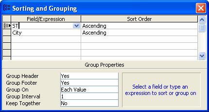 To create a group 7. Display the Sorting And Grouping window. 8. In the Field/Expression column, select the field you want to group by. 9.