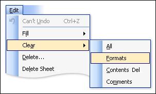 Figure 12. To delete cell formatting, point to Clear on the Edit menu, and then click Formats. Or click All to delete data and formatting both at once.