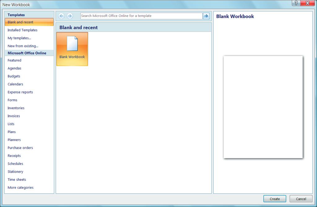 The New Workbook dialog appears. 4 Click Blank Workbook.