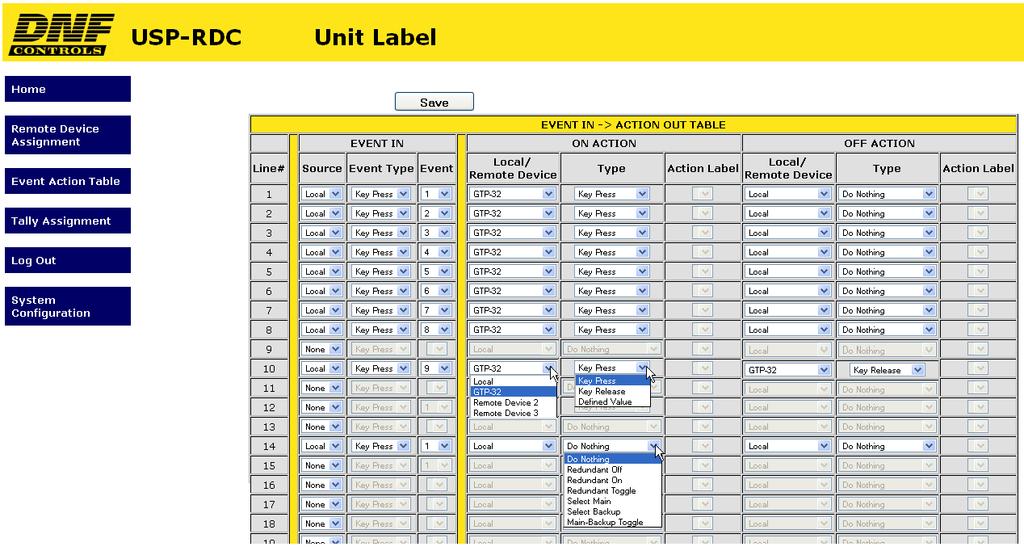 3. EVENT ACTION TABLE Configuration Web Page On an Event Action Table line, select an EVENT IN on the left side of the table and then select an ACTION on the right side.