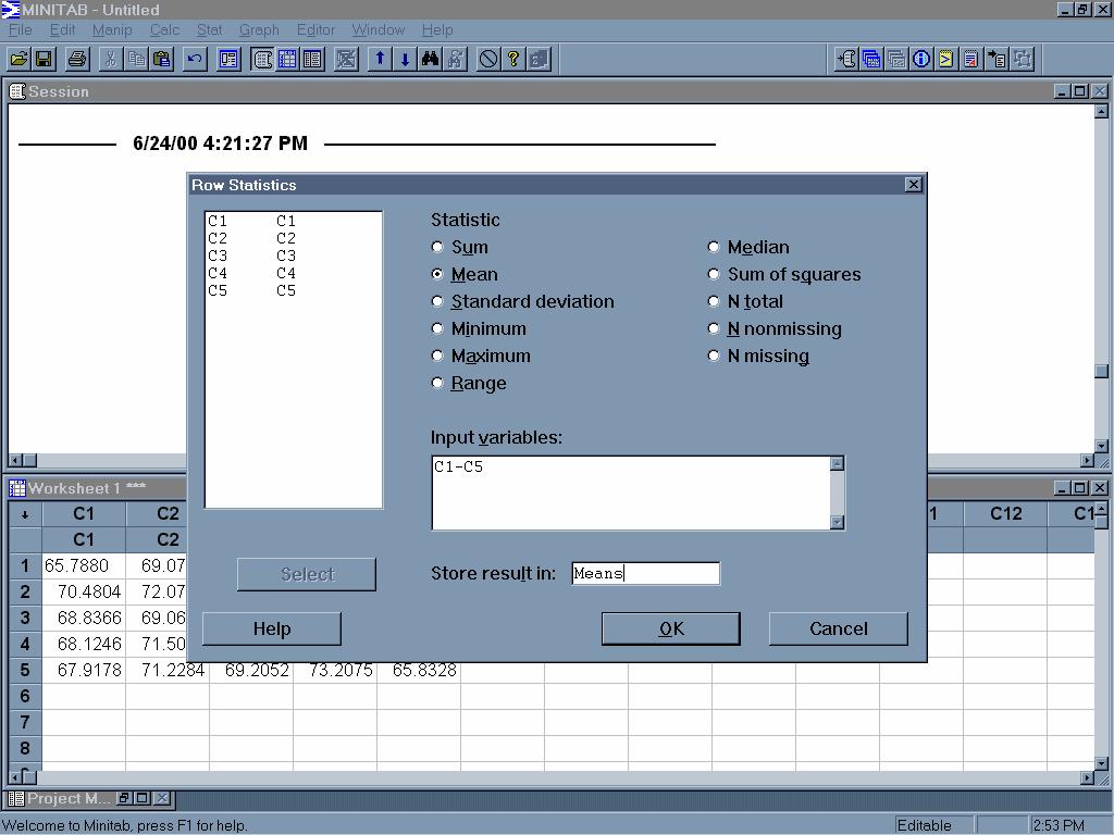 SAMPLING DISTRIBUTION OF THE MEAN (Obtaining Means for Generated Samples) Once samples are generated and stored in columns of a worksheet, Minitab can be used to obtain the means of the samples.