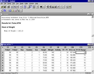 the result in column C11 Dialog Box Input: Select the desired statistic, enter the variable(s) into Minitab Output: The range