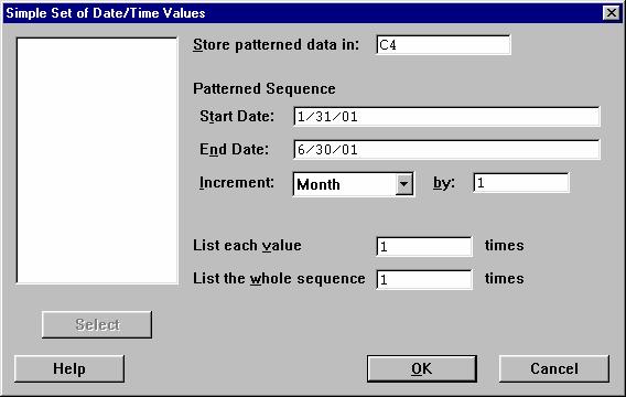 PATH: Calc = > Make Patterned Data = > Simple Set of Date/Time Values EXAMPLE 4: Filling a Column with an Equally Spaced Pattern of Dates/Times.