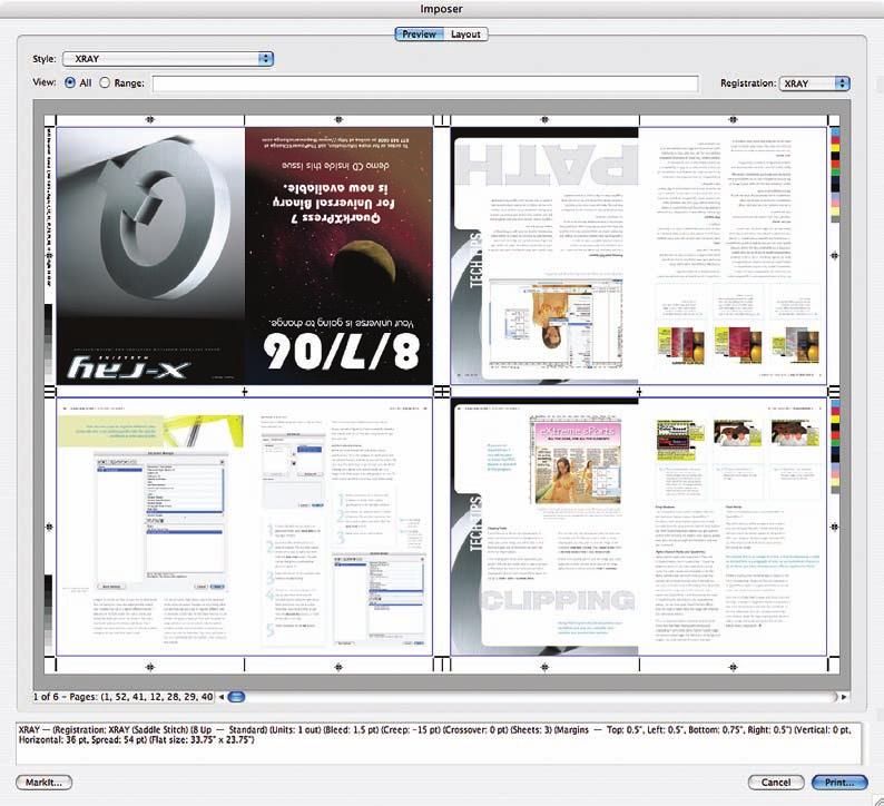 Use Quark MarkIt, included, to finish it off with custom color bars and registration marks. Output the QuarkXPress project to PDF and use QuarkImposer for Adobe Acrobat to generate your flats.
